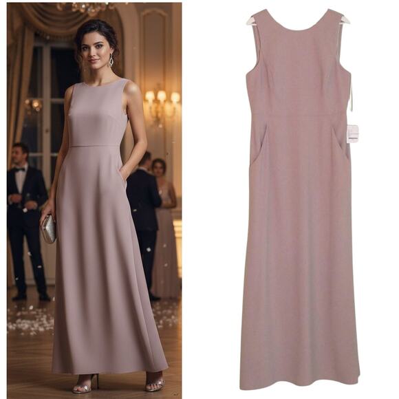 Dessy Collection Vivian Diamond Formal Maxi Dress Women's Size 14 Taupe Crepe - Picture 16 of 16